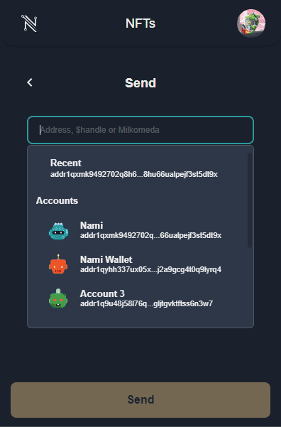 Nami wallet sending ADA or assets NFTs to another address